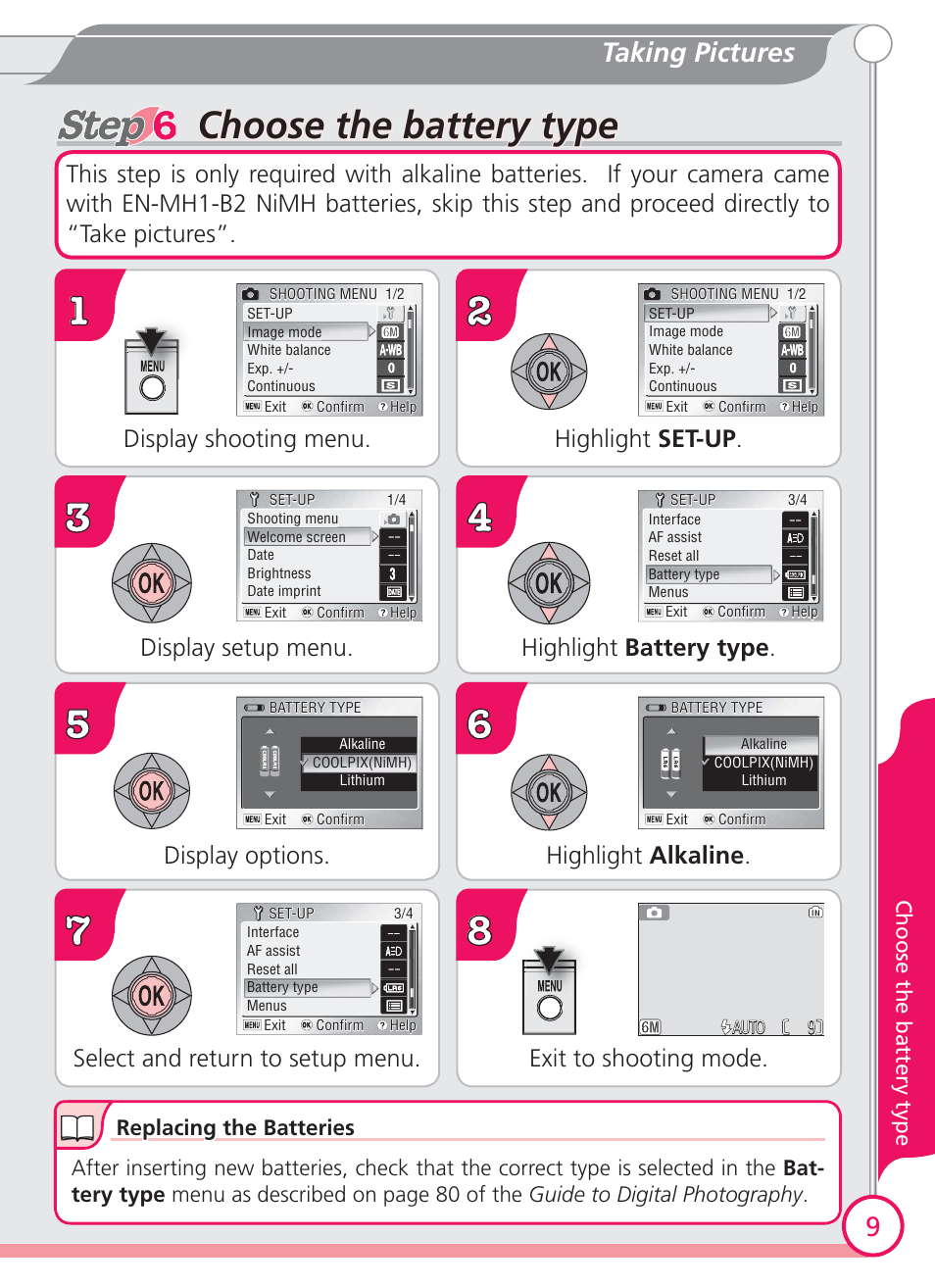 Choose the battery type, Choose the battery type choose the battery type, 9taking pictures | Highlight set-up . display shooting menu, Highlight battery type, Display setup menu, Display options, Highlight alkaline, Exit to shooting mode, Select and return to setup menu | Nikon Coolpix S4 User Manual | Page 9 / 28