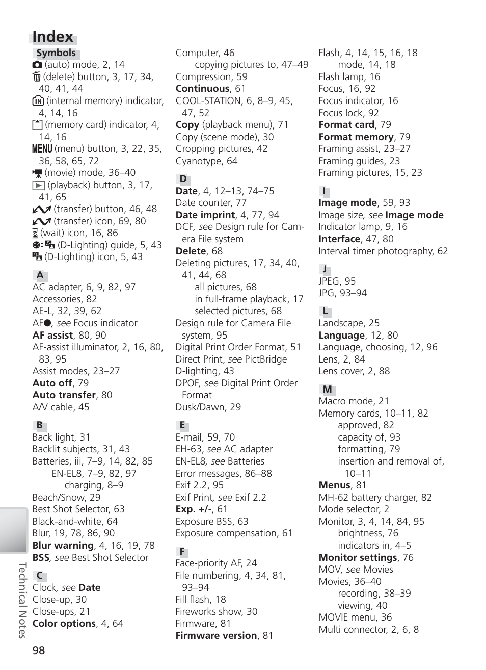Index | Nikon COOL PIX S1 User Manual | Page 108 / 110
