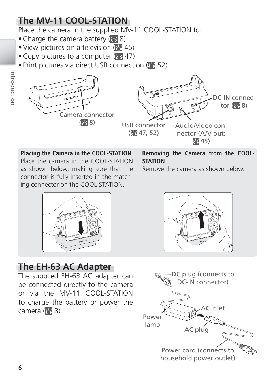 The mv-11 cool-station, The eh-63 ac adapter | Nikon COOL PIX S1 User Manual | Page 16 / 110