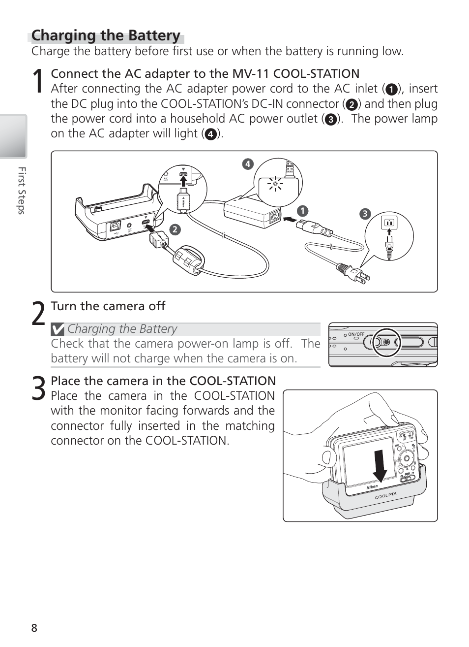 Charging the battery | Nikon COOL PIX S1 User Manual | Page 18 / 110