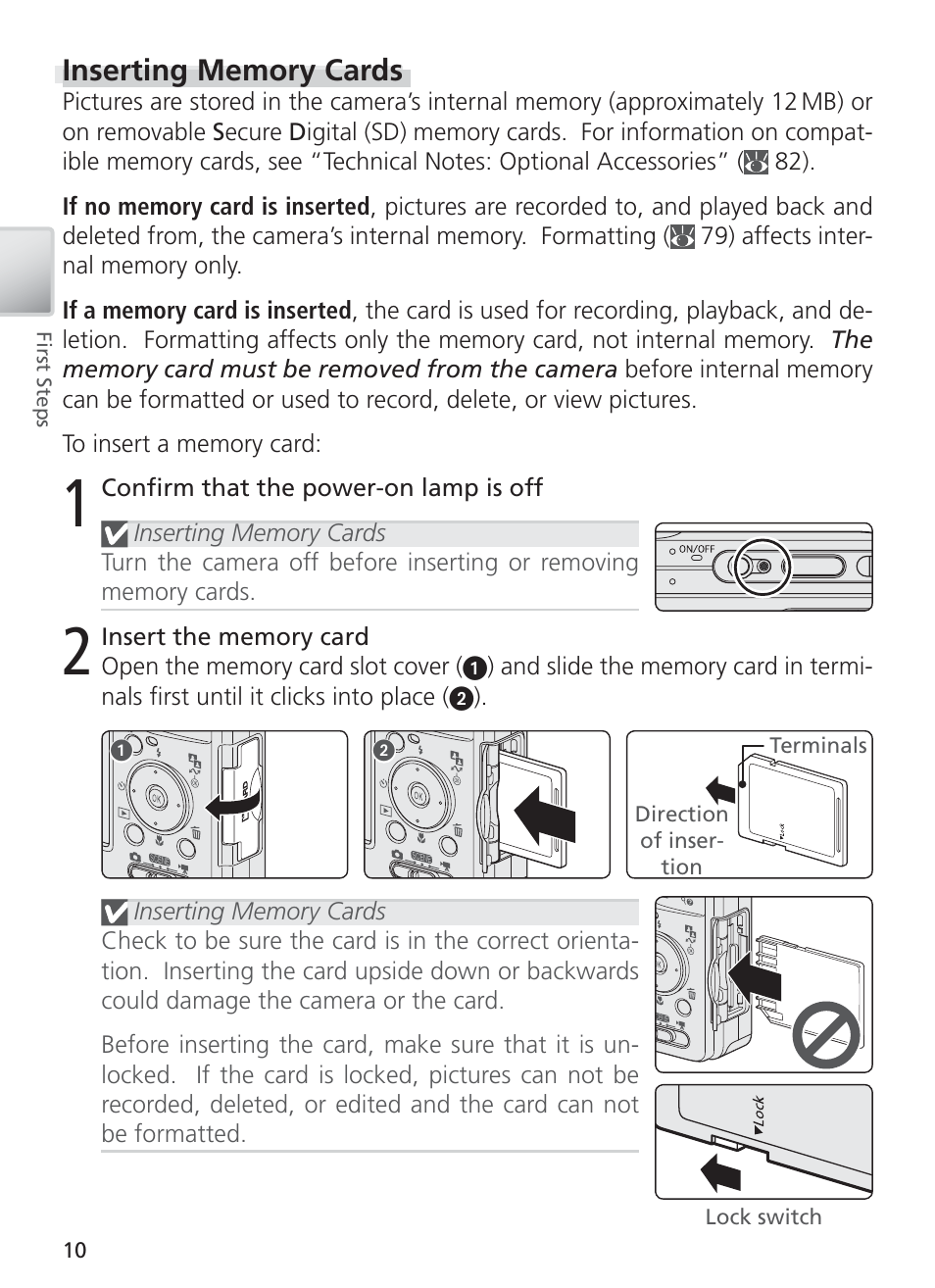 Inserting memory cards | Nikon COOL PIX S1 User Manual | Page 20 / 110