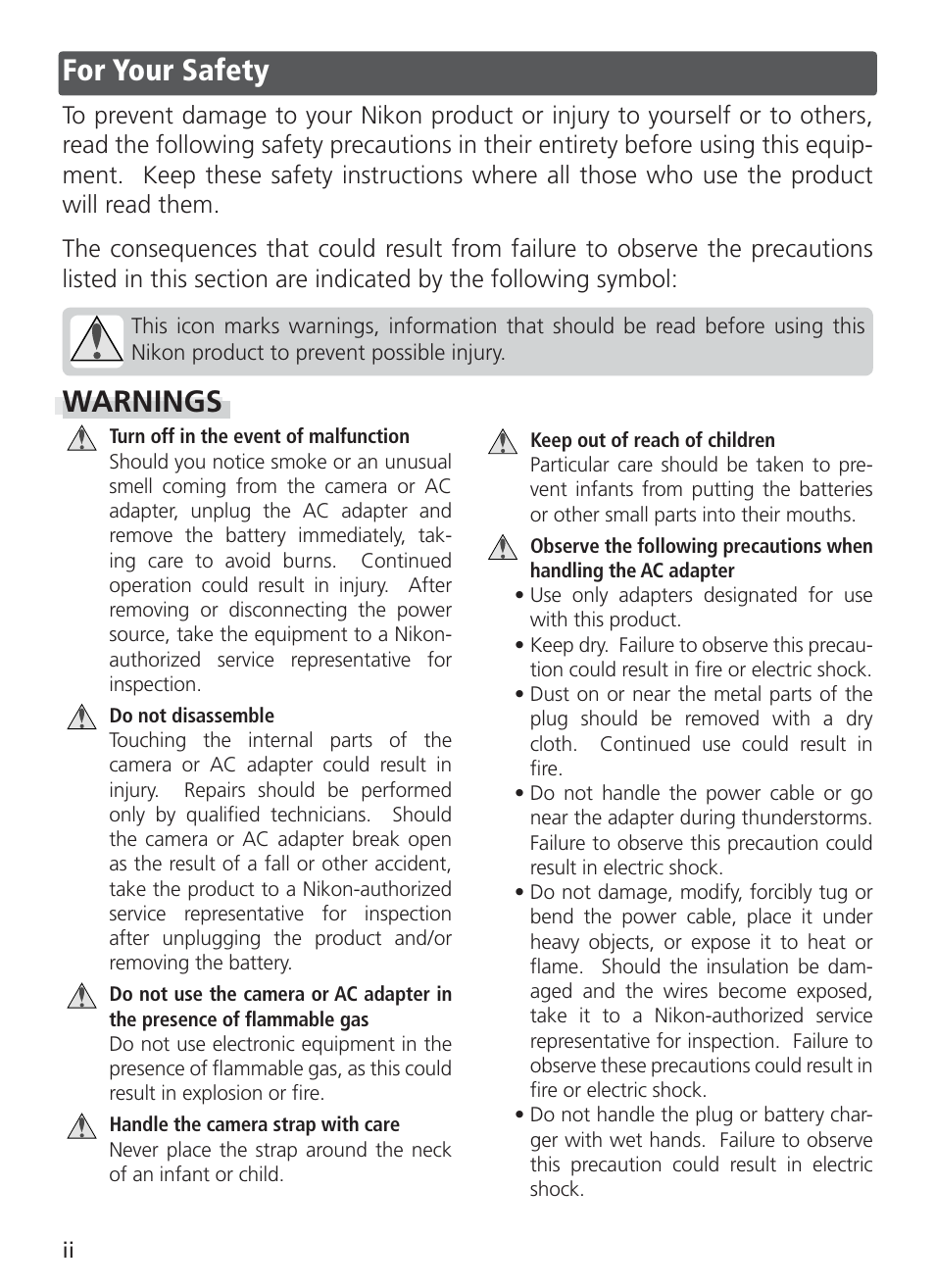 For your safety, Warnings | Nikon COOL PIX S1 User Manual | Page 4 / 110