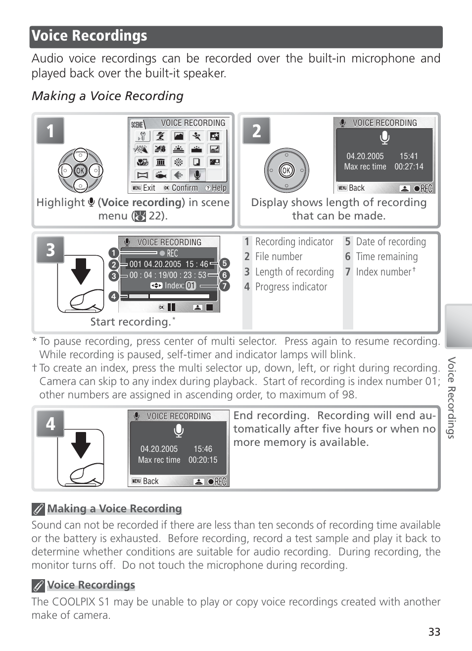 Voice recordings | Nikon COOL PIX S1 User Manual | Page 43 / 110