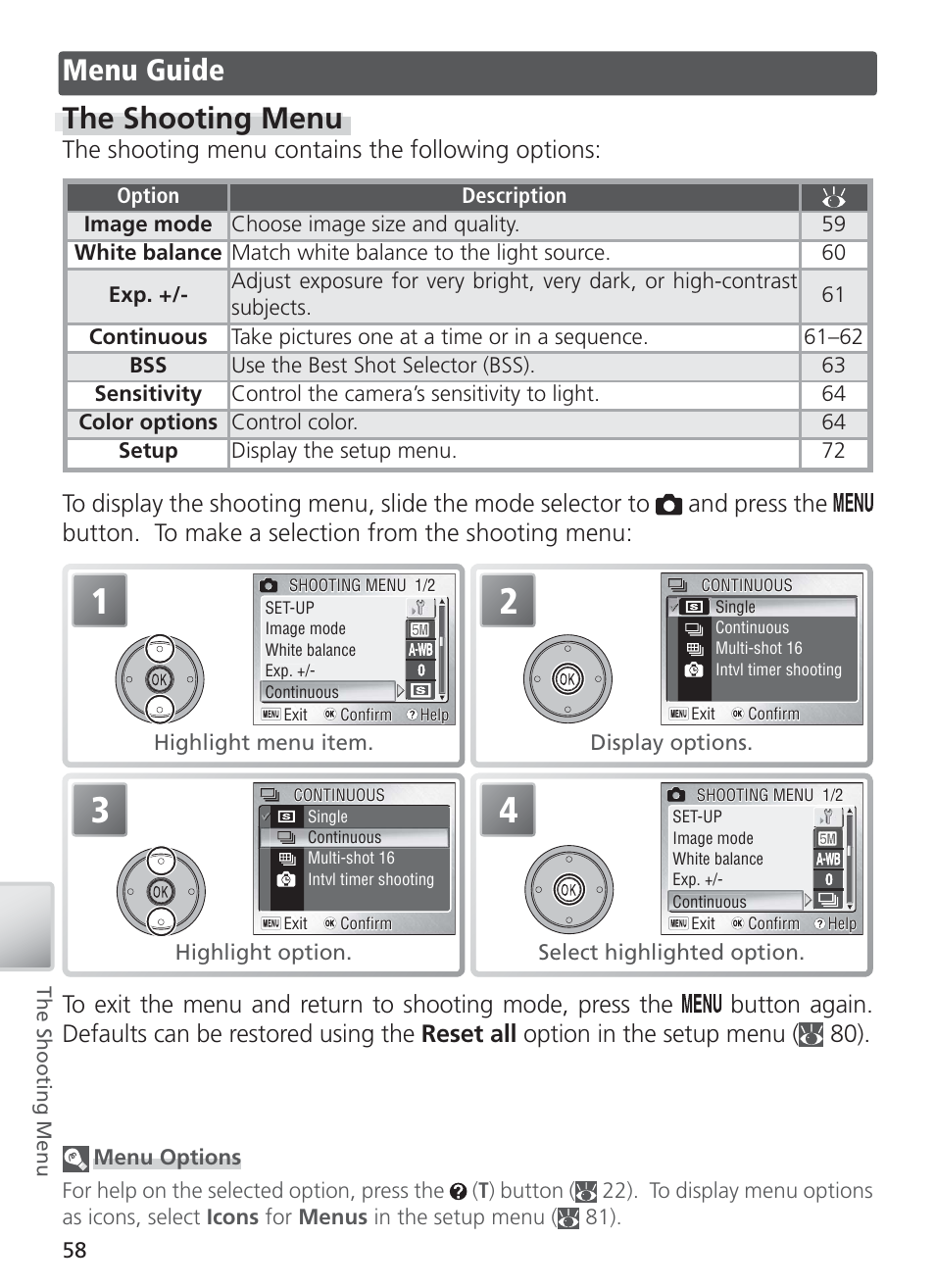 Menu guide, The shooting menu, Menu guide the shooting menu | The shooting menu contains the following options | Nikon COOL PIX S1 User Manual | Page 68 / 110