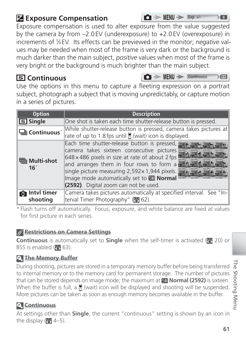 Exposure compensation, Continuous | Nikon COOL PIX S1 User Manual | Page 71 / 110