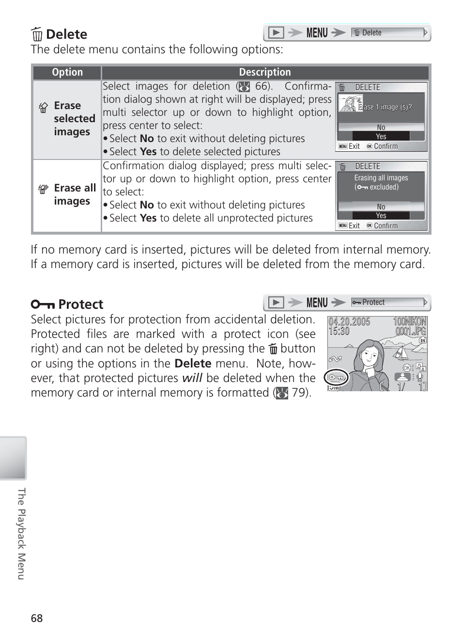 Delete, Protect, The delete menu contains the following options | Nikon COOL PIX S1 User Manual | Page 78 / 110
