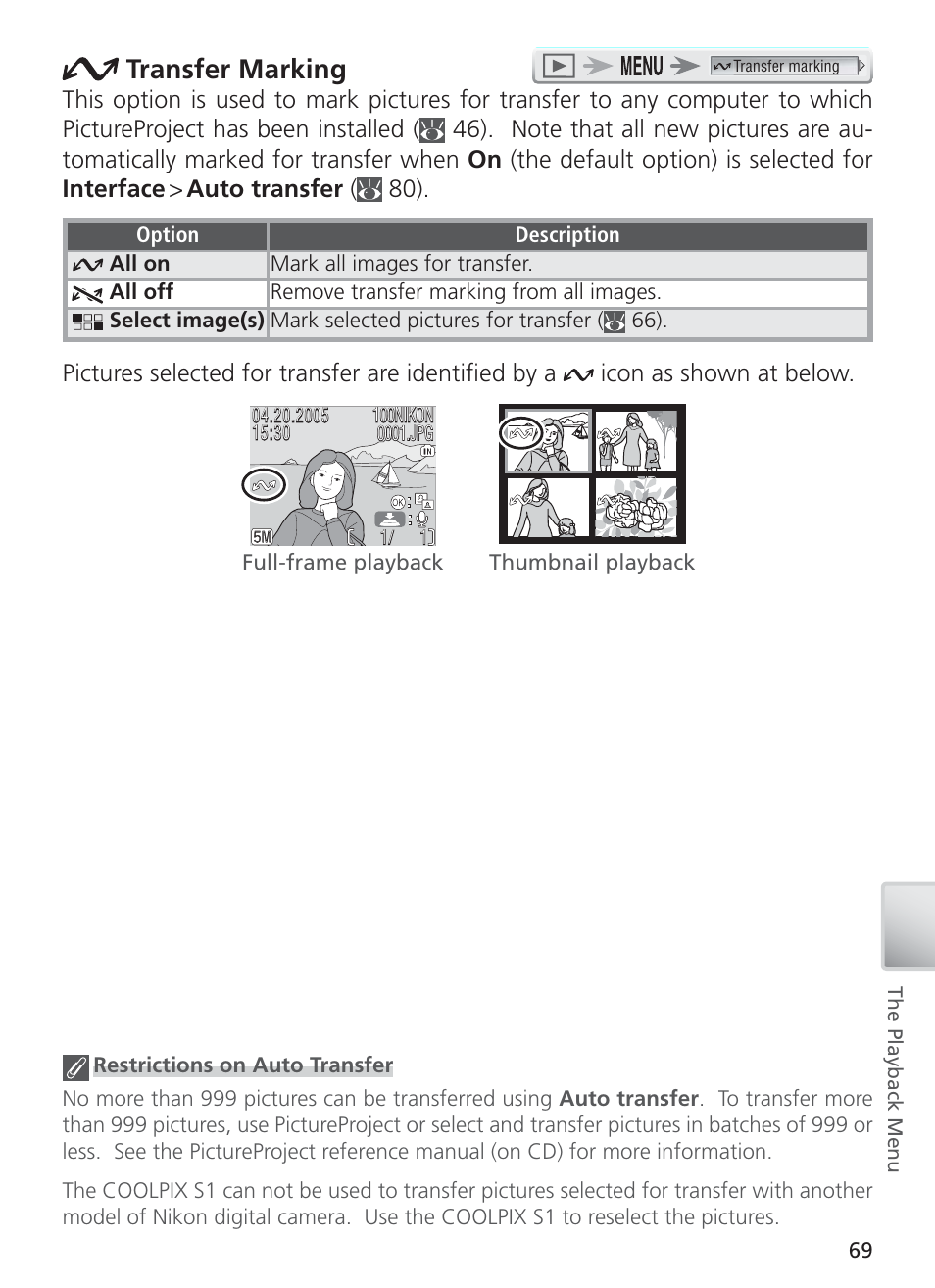 Transfer marking | Nikon COOL PIX S1 User Manual | Page 79 / 110