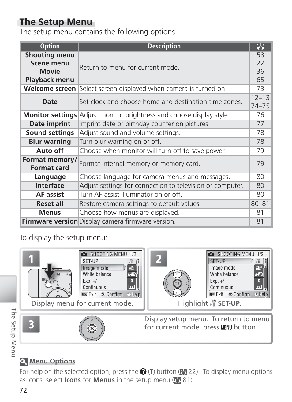 The setup menu, The setup menu contains the following options | Nikon COOL PIX S1 User Manual | Page 82 / 110