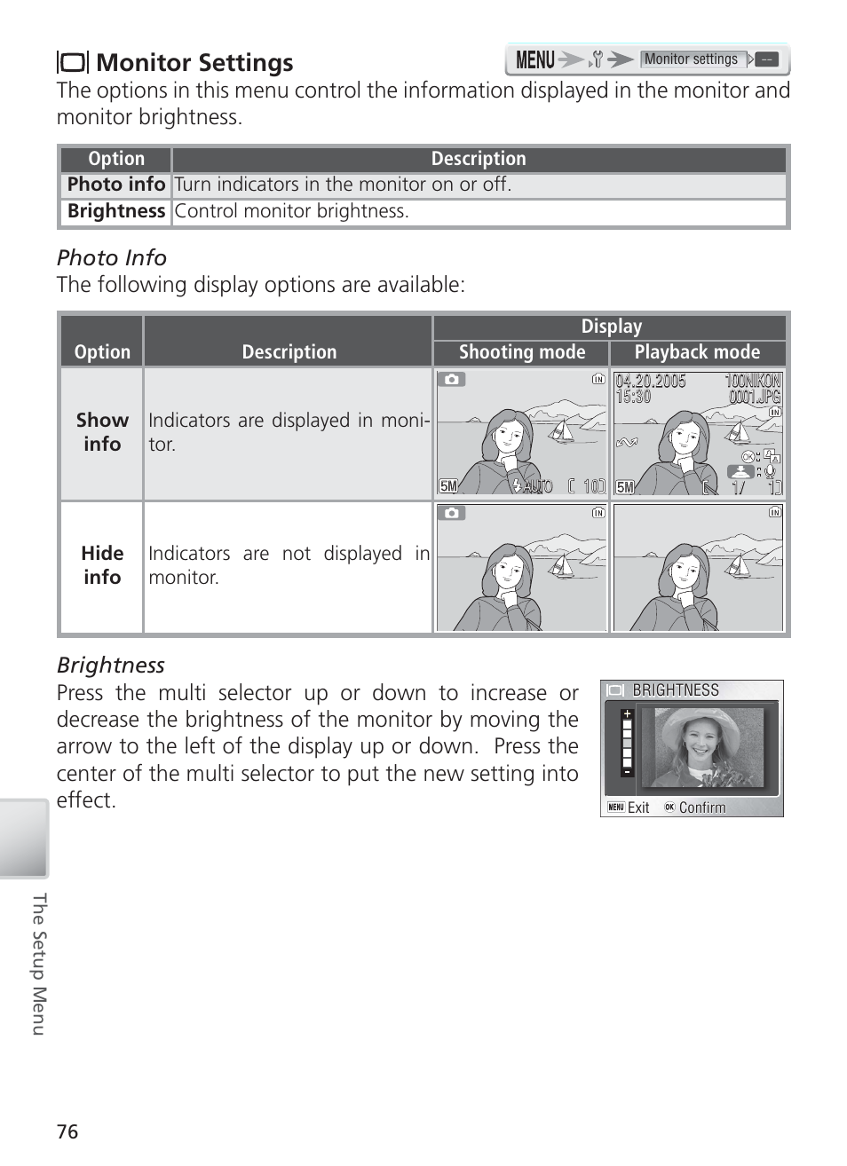Monitor settings | Nikon COOL PIX S1 User Manual | Page 86 / 110