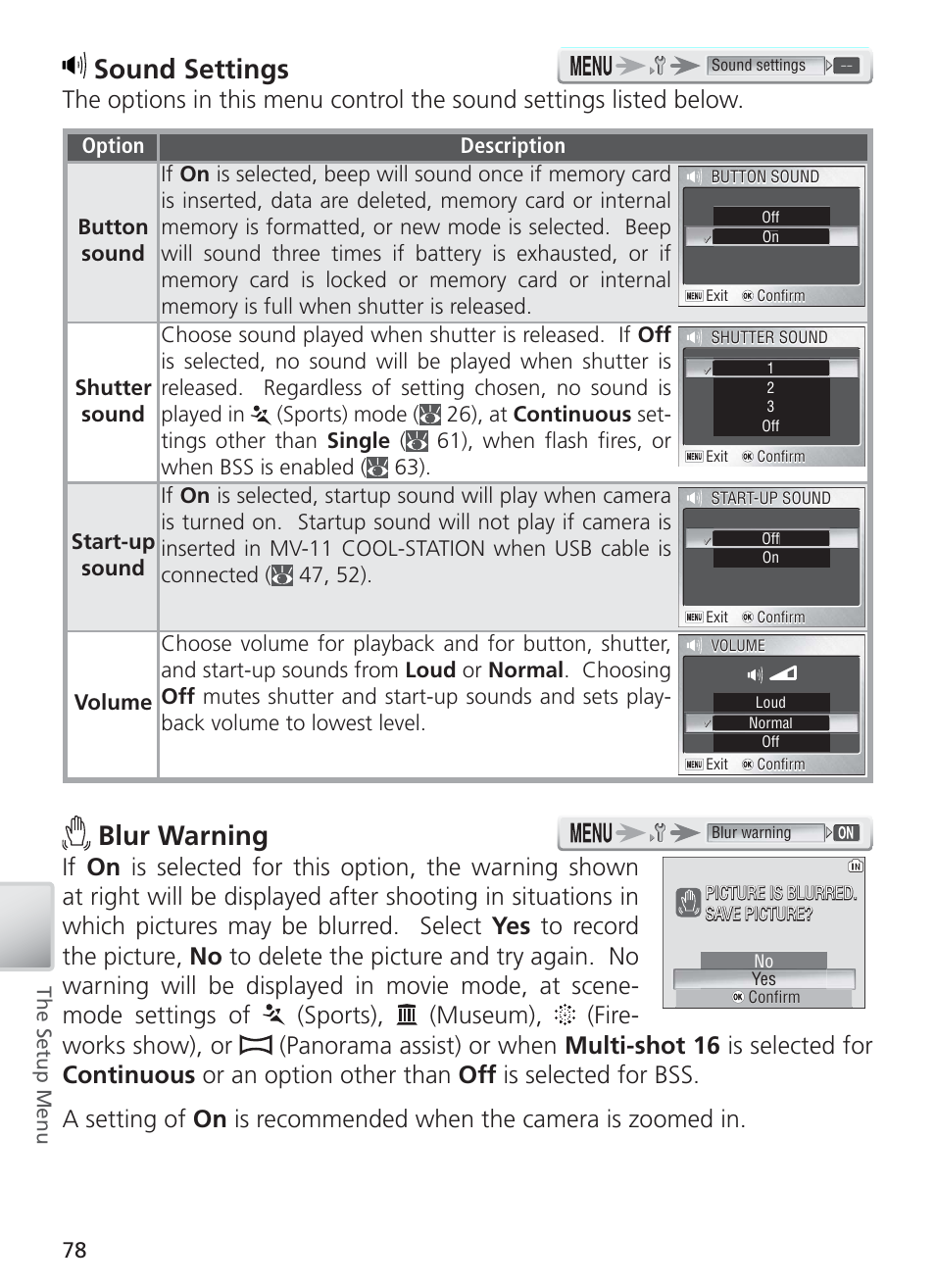 Sound settings, Blur warning | Nikon COOL PIX S1 User Manual | Page 88 / 110