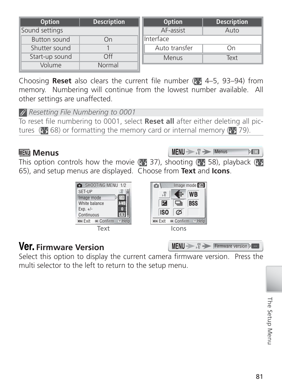 Menus, Firmware version | Nikon COOL PIX S1 User Manual | Page 91 / 110