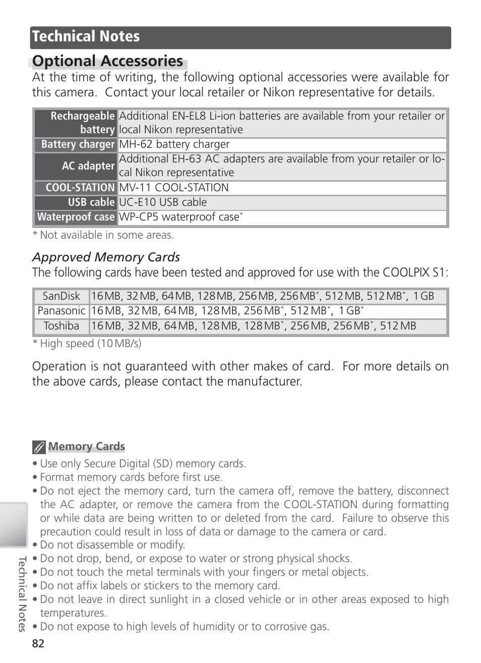 Technical notes, Optional accessories | Nikon COOL PIX S1 User Manual | Page 92 / 110