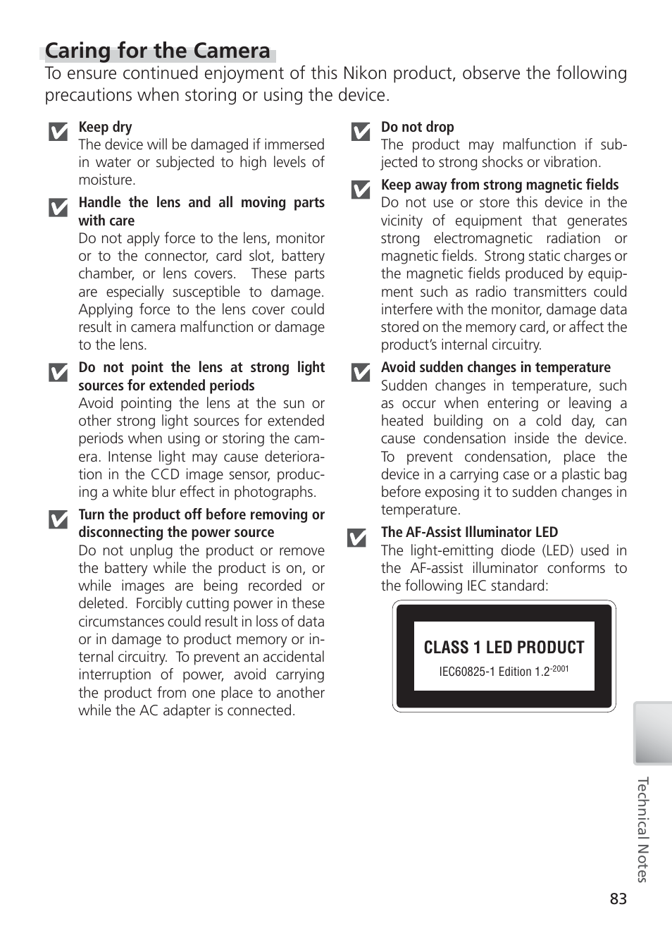 Caring for the camera | Nikon COOL PIX S1 User Manual | Page 93 / 110