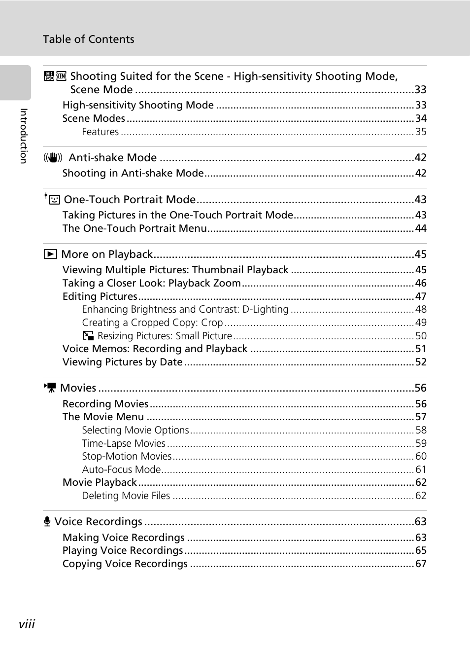 Viii | Nikon CoolPix S500 User Manual | Page 10 / 147