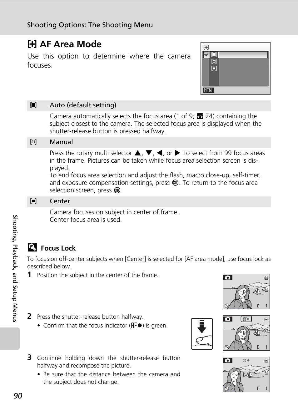 Af area mode, Area (c 90, Kaf area mode | Shooting options: the shooting menu, Focus lock | Nikon CoolPix S500 User Manual | Page 102 / 147