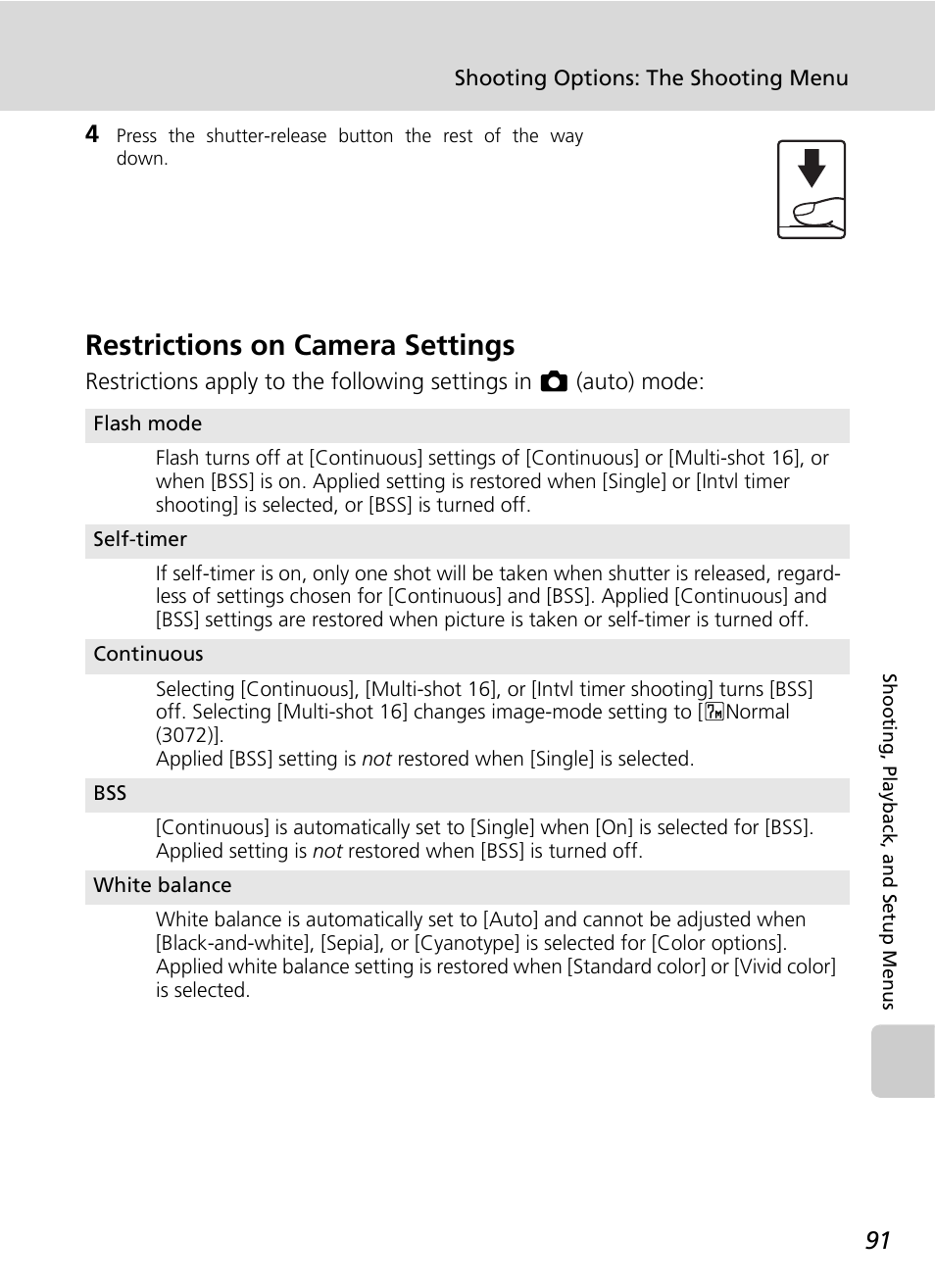 Restrictions on camera settings, C 91 | Nikon CoolPix S500 User Manual | Page 103 / 147