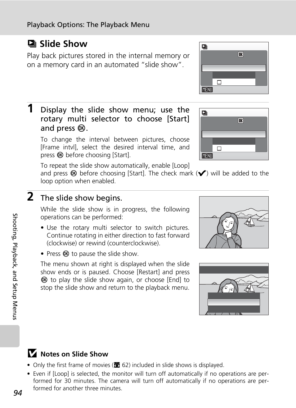 Slide show, Zslide show, The slide show begins | Nikon CoolPix S500 User Manual | Page 106 / 147