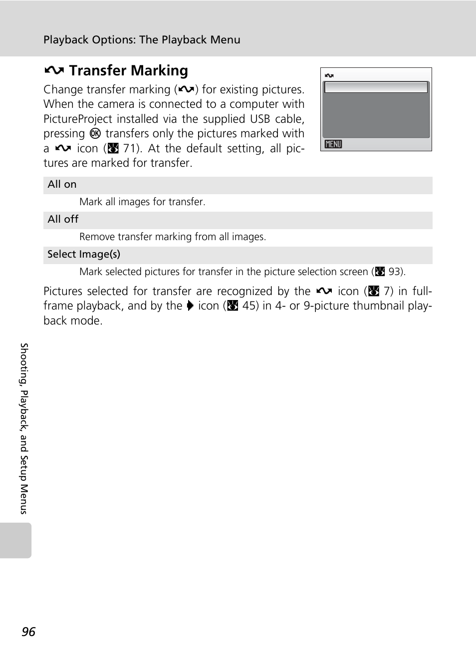 Transfer marking, C 96) as, Transfer (c 96) | Etransfer marking | Nikon CoolPix S500 User Manual | Page 108 / 147