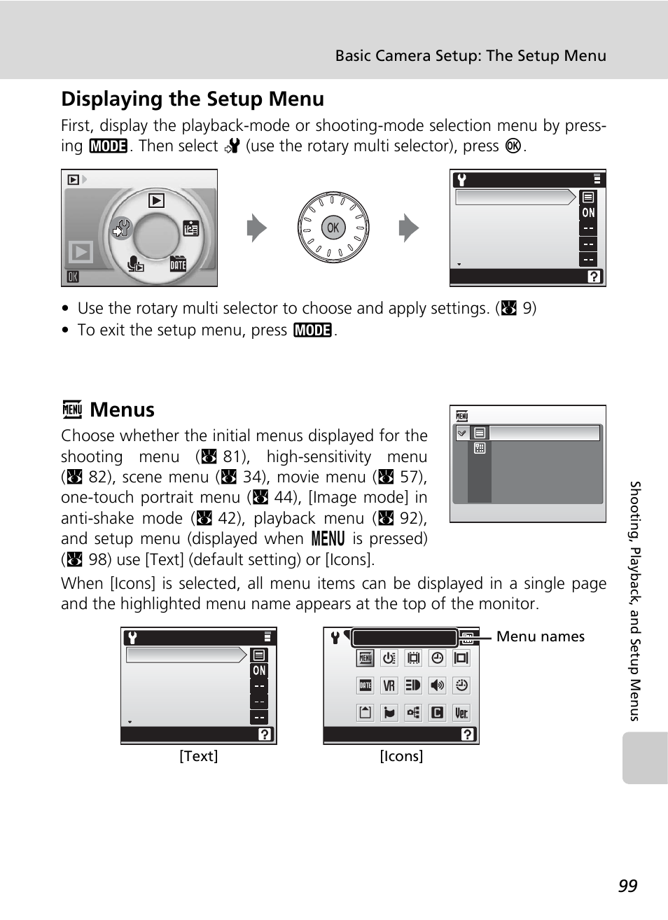 Displaying the setup menu, Menus, Displaying the setup menu r | Rmenus | Nikon CoolPix S500 User Manual | Page 111 / 147