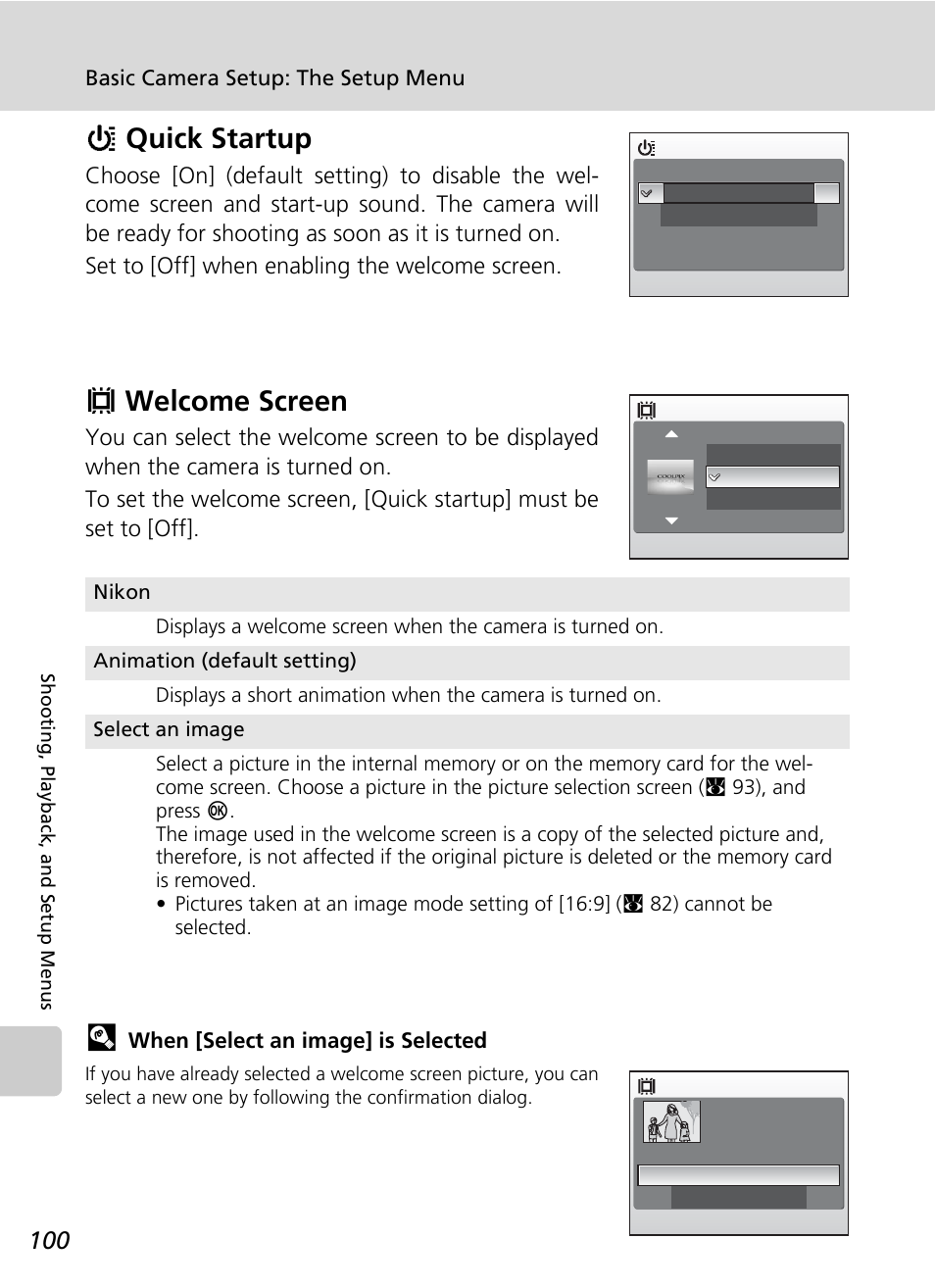 Quick startup, Welcome screen, Lcome screen (c 100) | C 100), Hquick startup, Vwelcome screen | Nikon CoolPix S500 User Manual | Page 112 / 147
