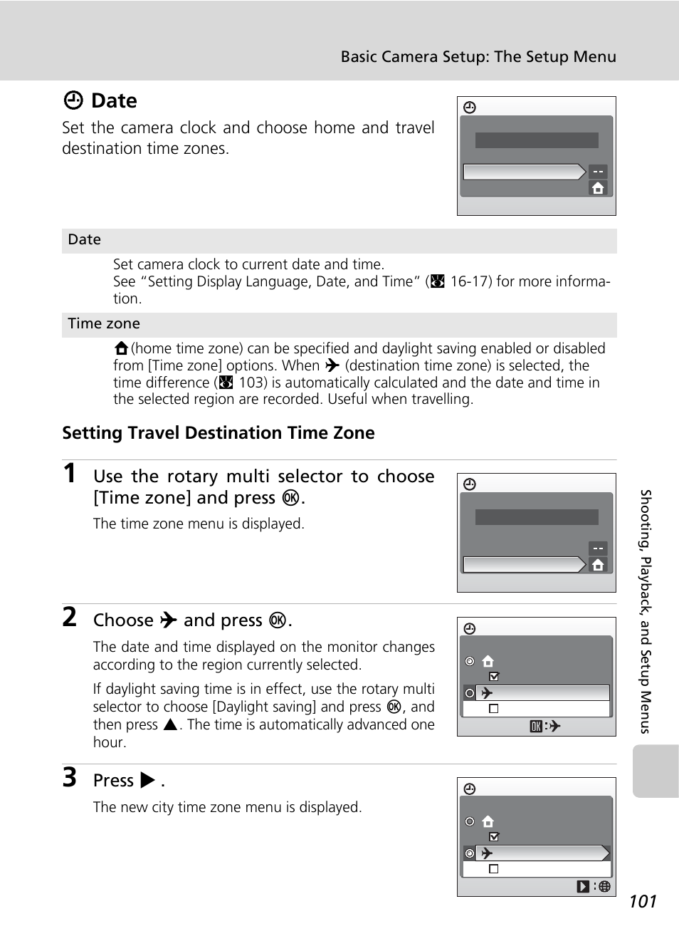 Date, Wdate, Setting travel destination time zone | Choose y and press d, Press j | Nikon CoolPix S500 User Manual | Page 113 / 147