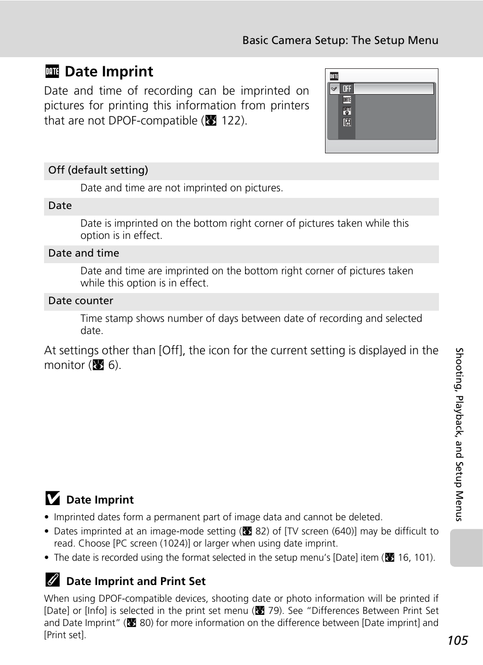 Date imprint, Fdate imprint | Nikon CoolPix S500 User Manual | Page 117 / 147
