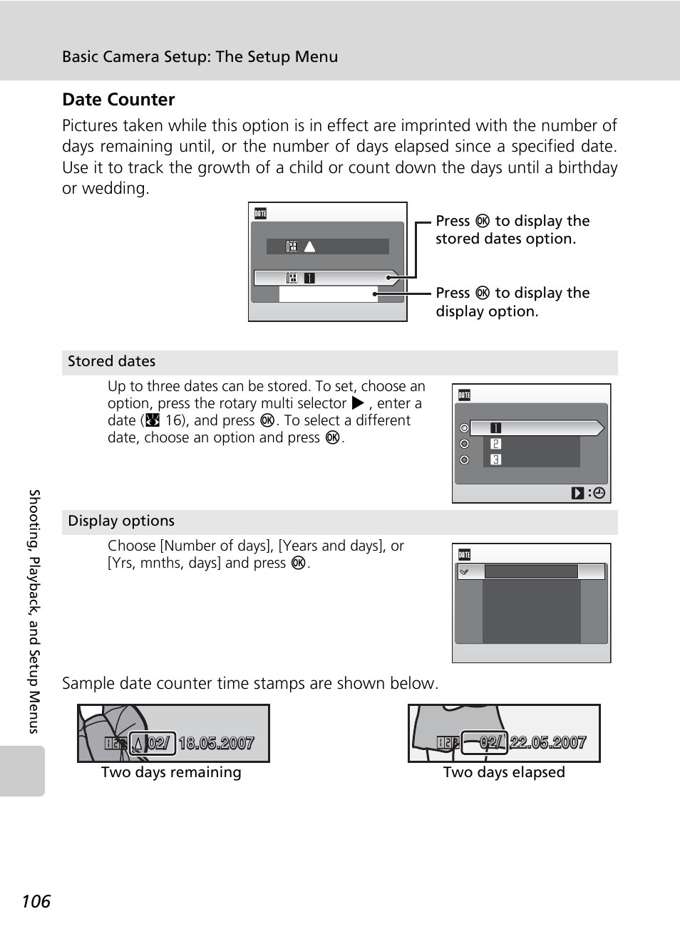 Date counter | Nikon CoolPix S500 User Manual | Page 118 / 147