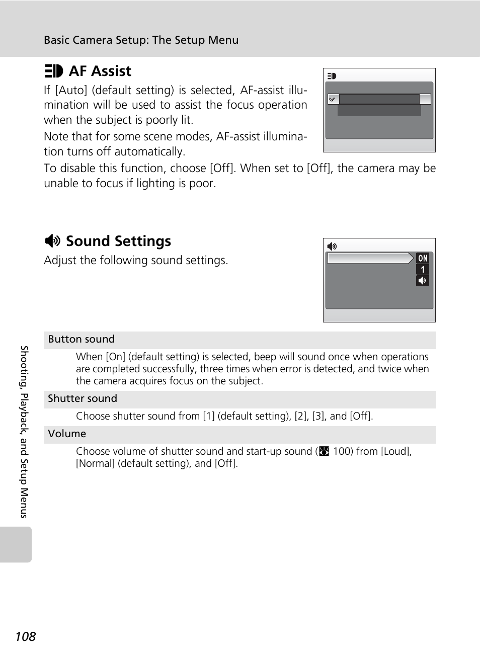 Af assist, Sound settings, Uaf assist | Hsound settings | Nikon CoolPix S500 User Manual | Page 120 / 147