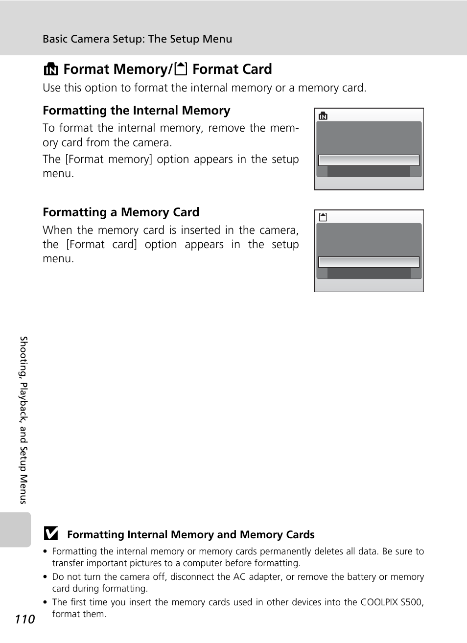 Format memory/format card, Format memory/o format card, C 110) | Nikon CoolPix S500 User Manual | Page 122 / 147