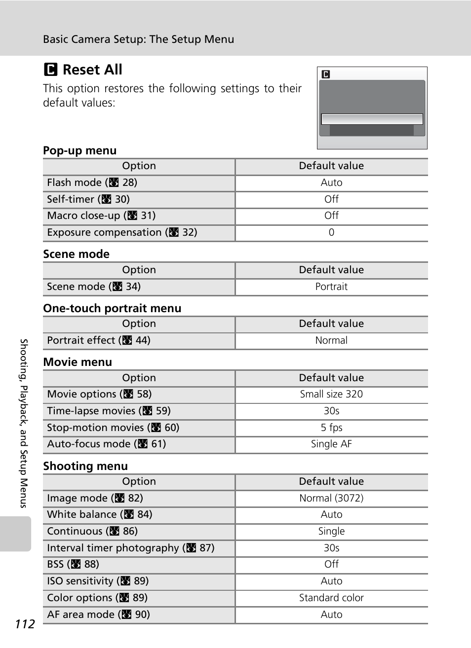 Reset all, Nreset all | Nikon CoolPix S500 User Manual | Page 124 / 147