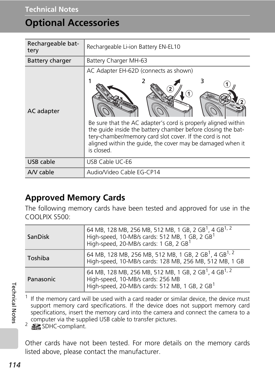 Technical notes, Optional accessories, Approved memory cards | C 114) | Nikon CoolPix S500 User Manual | Page 126 / 147