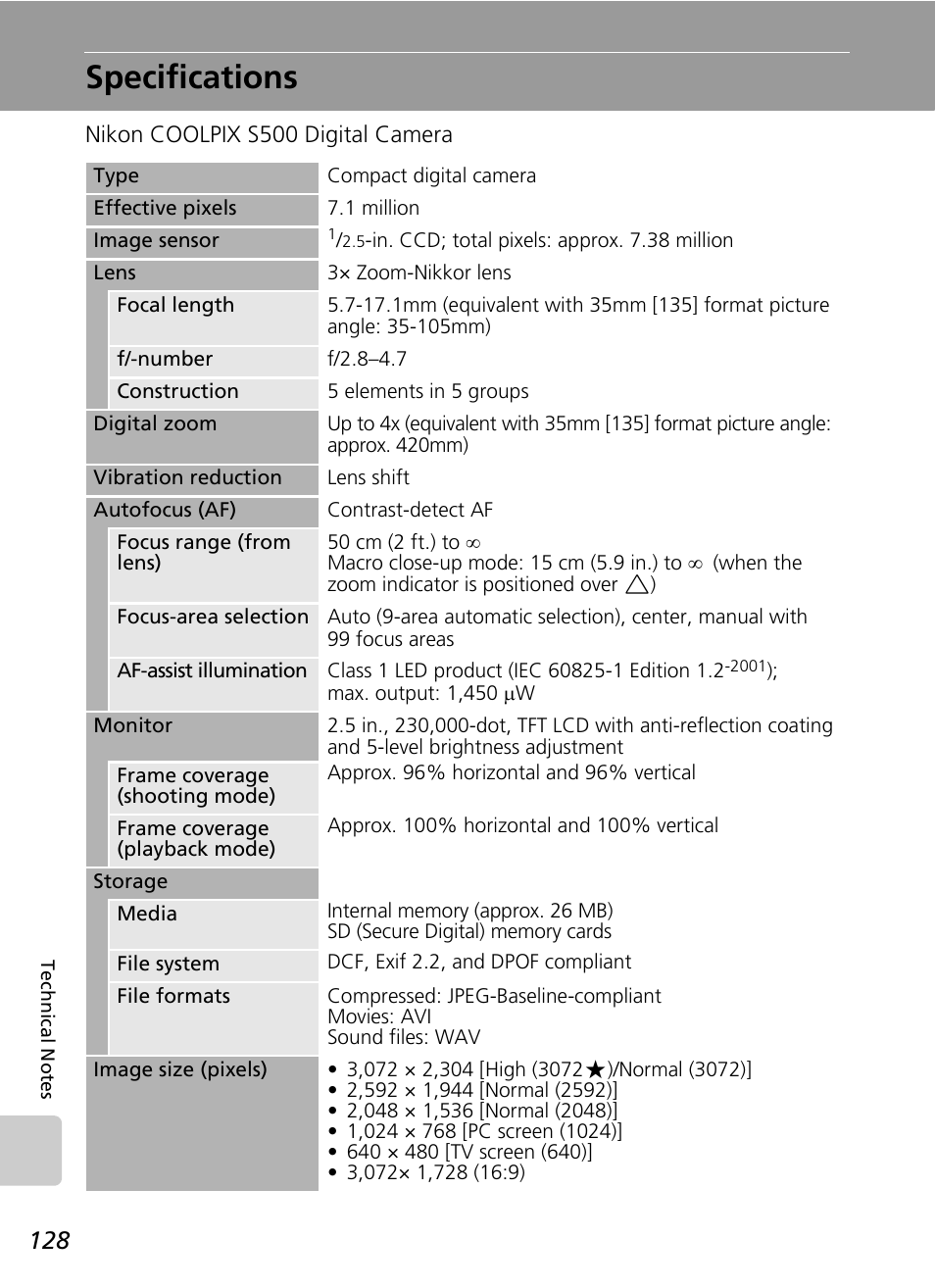 Specifications | Nikon CoolPix S500 User Manual | Page 140 / 147