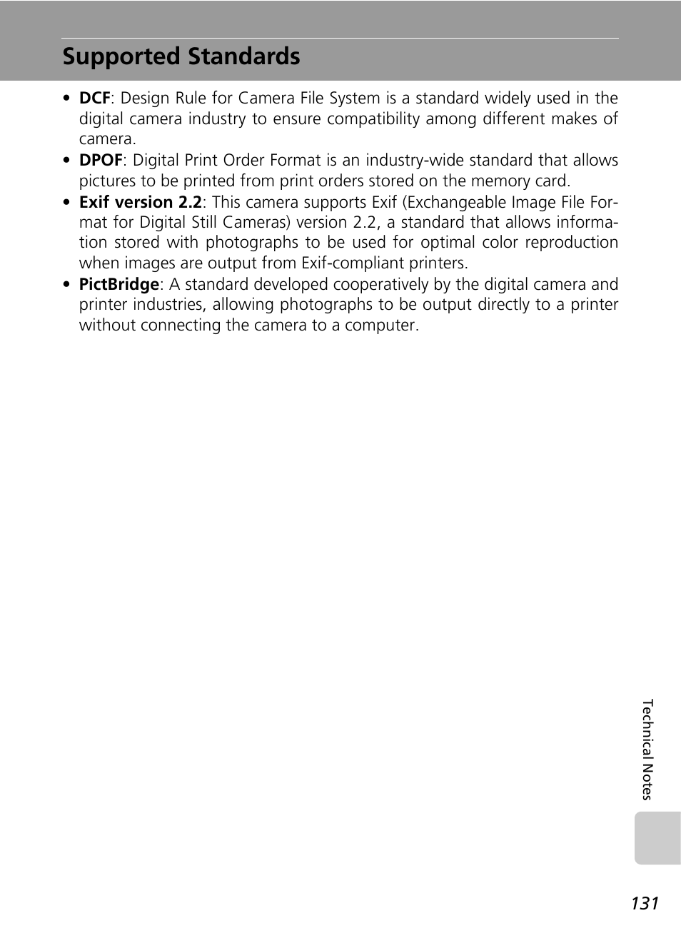 Supported standards, E (c 131 | Nikon CoolPix S500 User Manual | Page 143 / 147