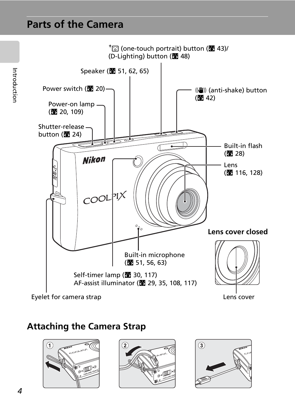 Parts of the camera, Attaching the camera strap | Nikon CoolPix S500 User Manual | Page 16 / 147