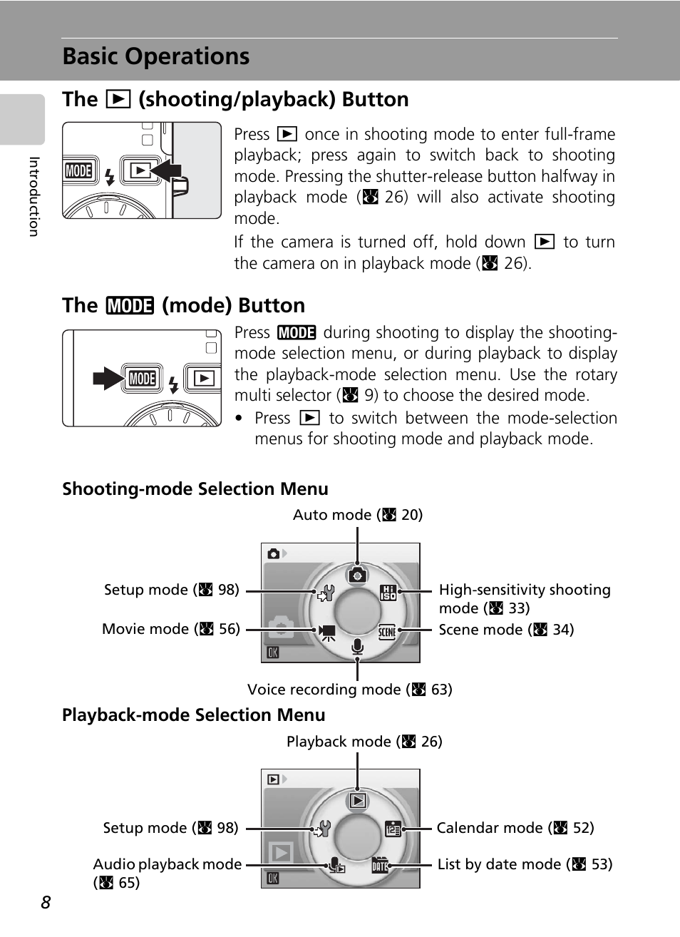 Basic operations, The (shooting/playback) button, The (mode) button | On (c 8, N (c 8) | Nikon CoolPix S500 User Manual | Page 20 / 147