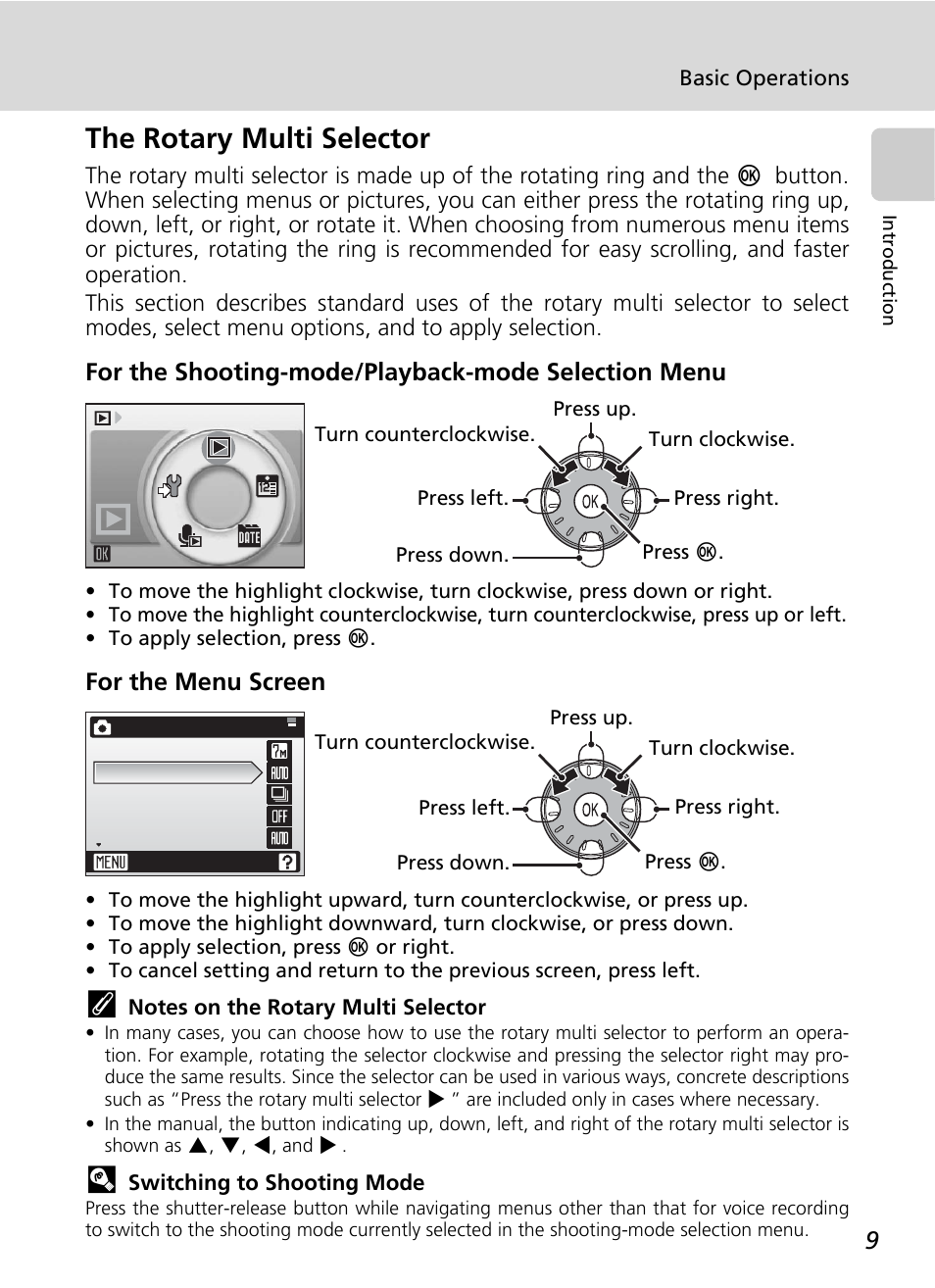 The rotary multi selector, N: c 9, C 9) | For the shooting-mode/playback-mode selection menu, For the menu screen | Nikon CoolPix S500 User Manual | Page 21 / 147