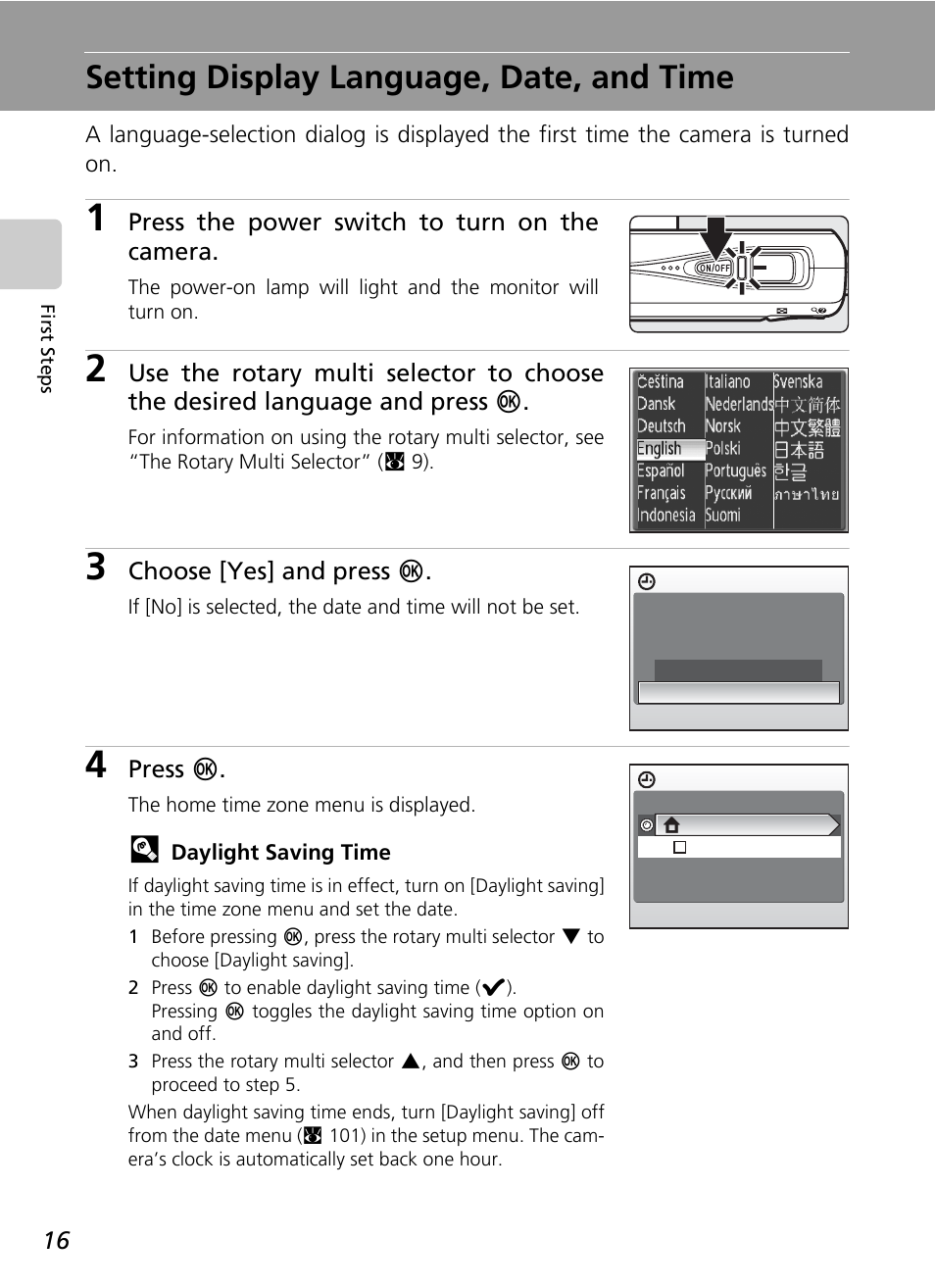 Setting display language, date, and time | Nikon CoolPix S500 User Manual | Page 28 / 147