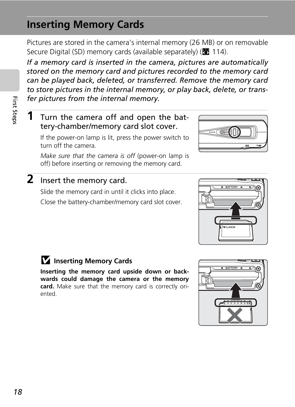 Inserting memory cards, C 18 | Nikon CoolPix S500 User Manual | Page 30 / 147