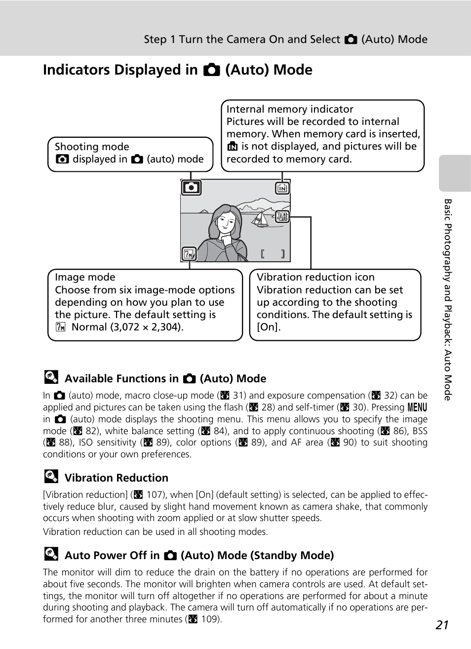Indicators displayed in l (auto) mode | Nikon CoolPix S500 User Manual | Page 33 / 147