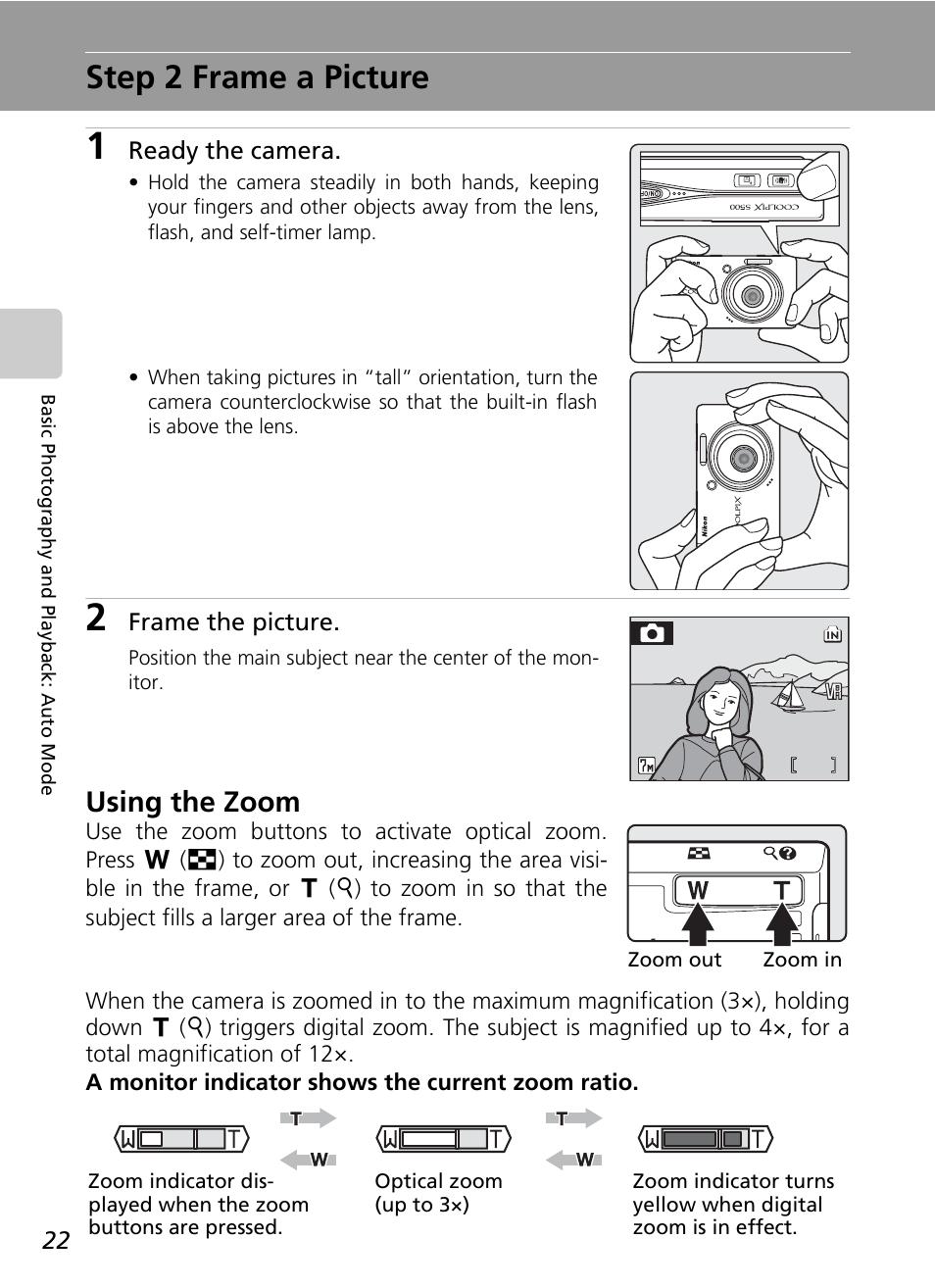 Step 2 frame a picture, C 22), C 22 | Using the zoom | Nikon CoolPix S500 User Manual | Page 34 / 147
