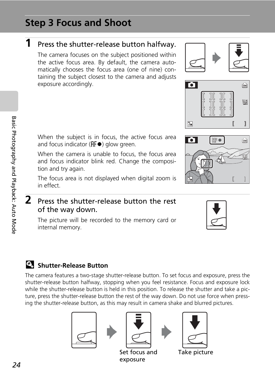 Step 3 focus and shoot, C 24, Press the shutter-release button halfway | Nikon CoolPix S500 User Manual | Page 36 / 147