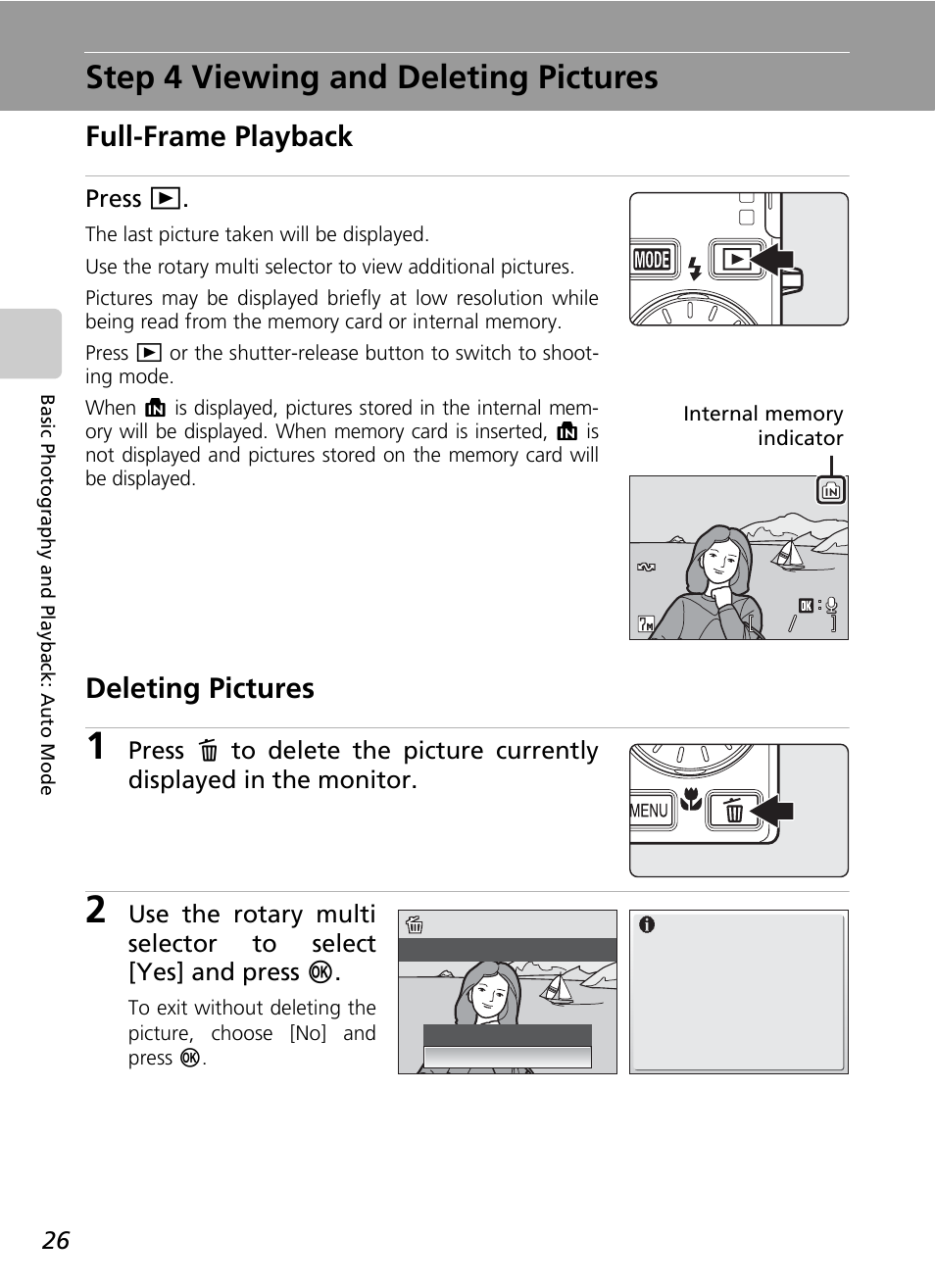 Step 4 viewing and deleting pictures, C 26, C 26) | Full-frame playback, Deleting pictures, Press i | Nikon CoolPix S500 User Manual | Page 38 / 147