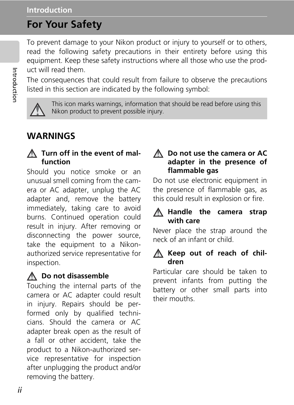 Introduction, For your safety, Warnings | Nikon CoolPix S500 User Manual | Page 4 / 147