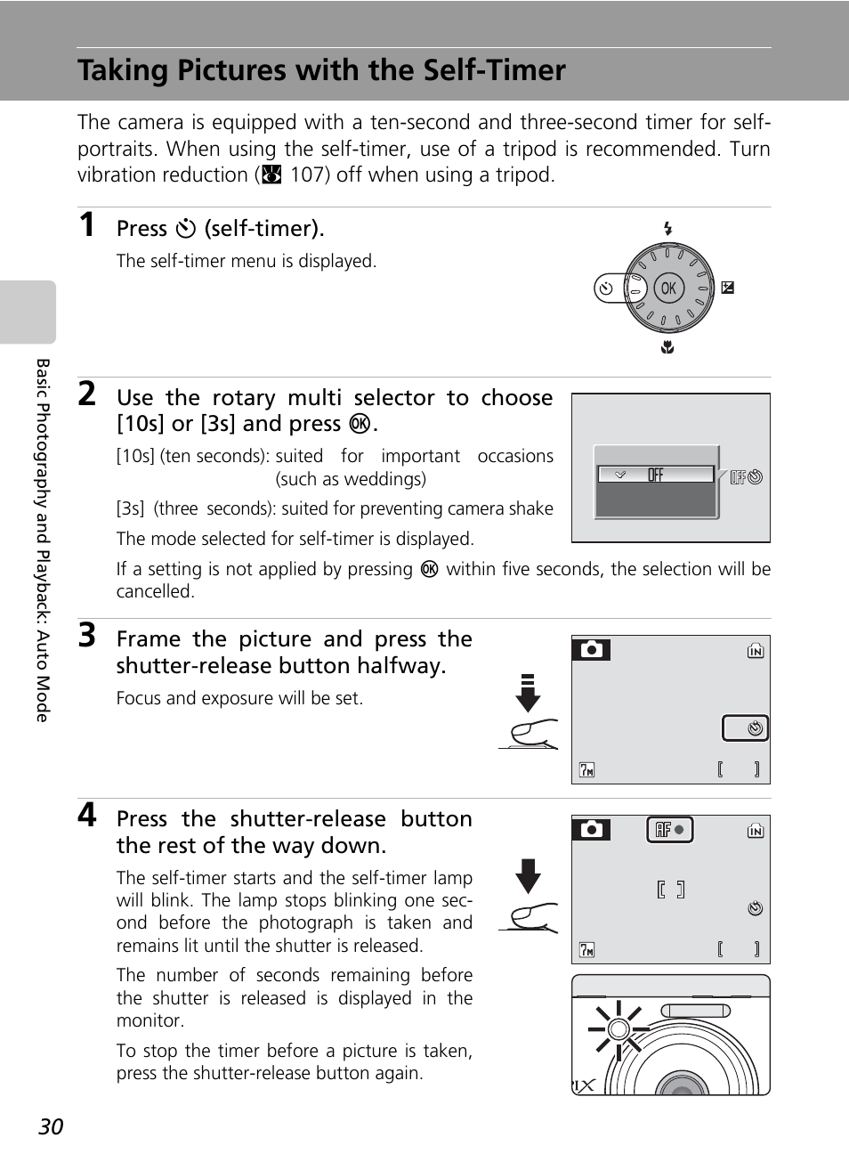 Taking pictures with the self-timer, C 30 | Nikon CoolPix S500 User Manual | Page 42 / 147
