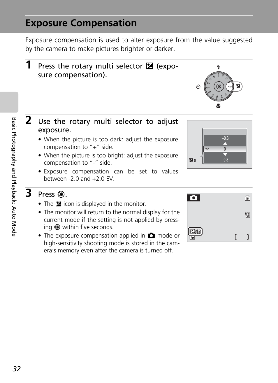 Exposure compensation, C 32, On (c 32) | Nikon CoolPix S500 User Manual | Page 44 / 147