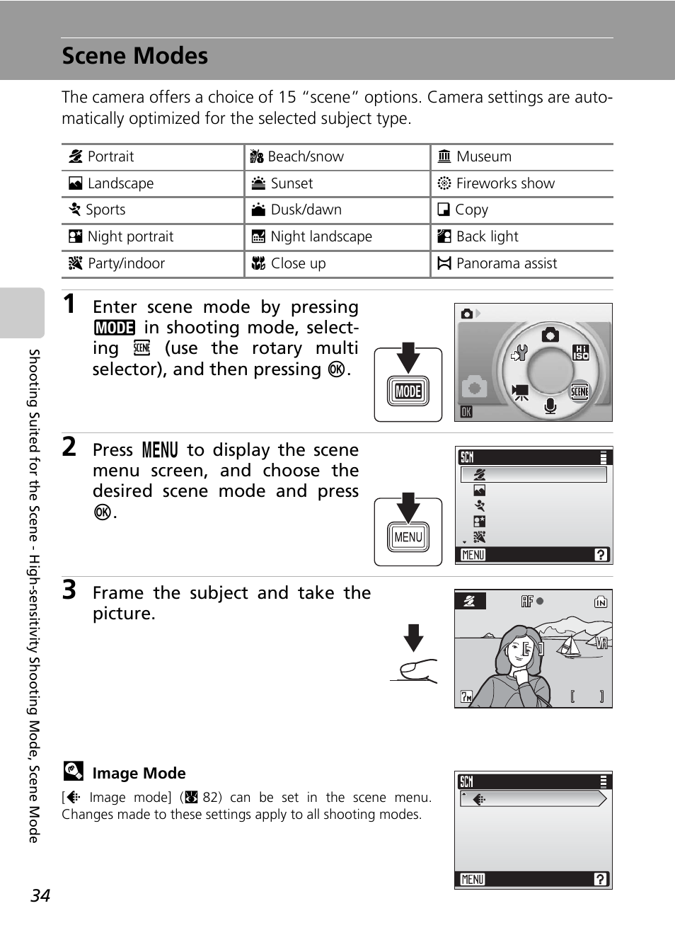 Scene modes, C 34, Frame the subject and take the picture | Nikon CoolPix S500 User Manual | Page 46 / 147