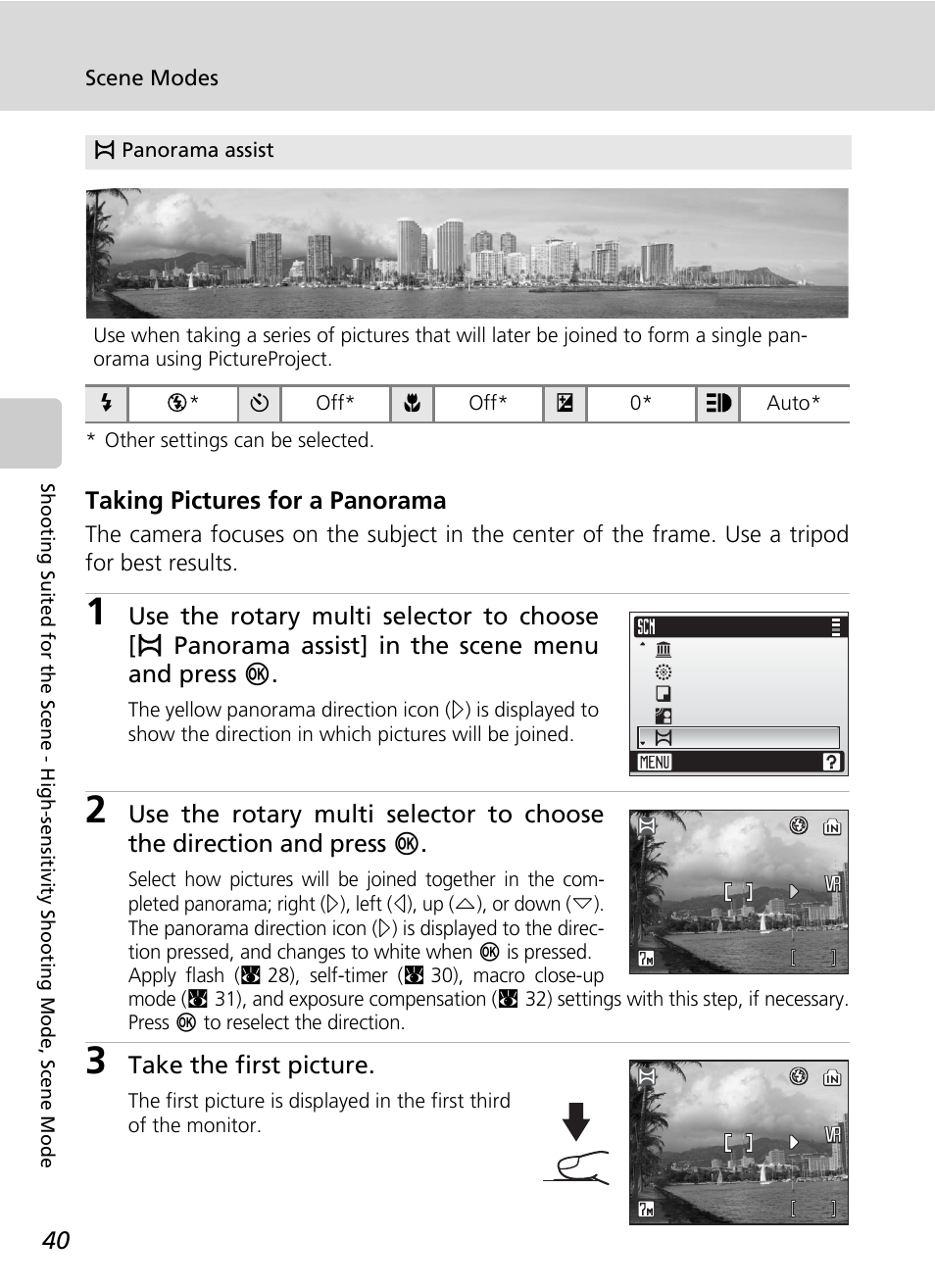 Taking pictures for a panorama, Take the first picture | Nikon CoolPix S500 User Manual | Page 52 / 147