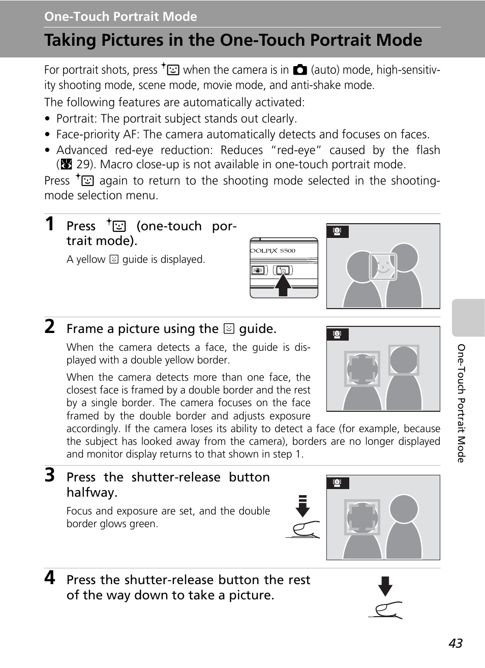 One-touch portrait mode, Taking pictures in the one-touch portrait mode, C 43) | Nikon CoolPix S500 User Manual | Page 55 / 147