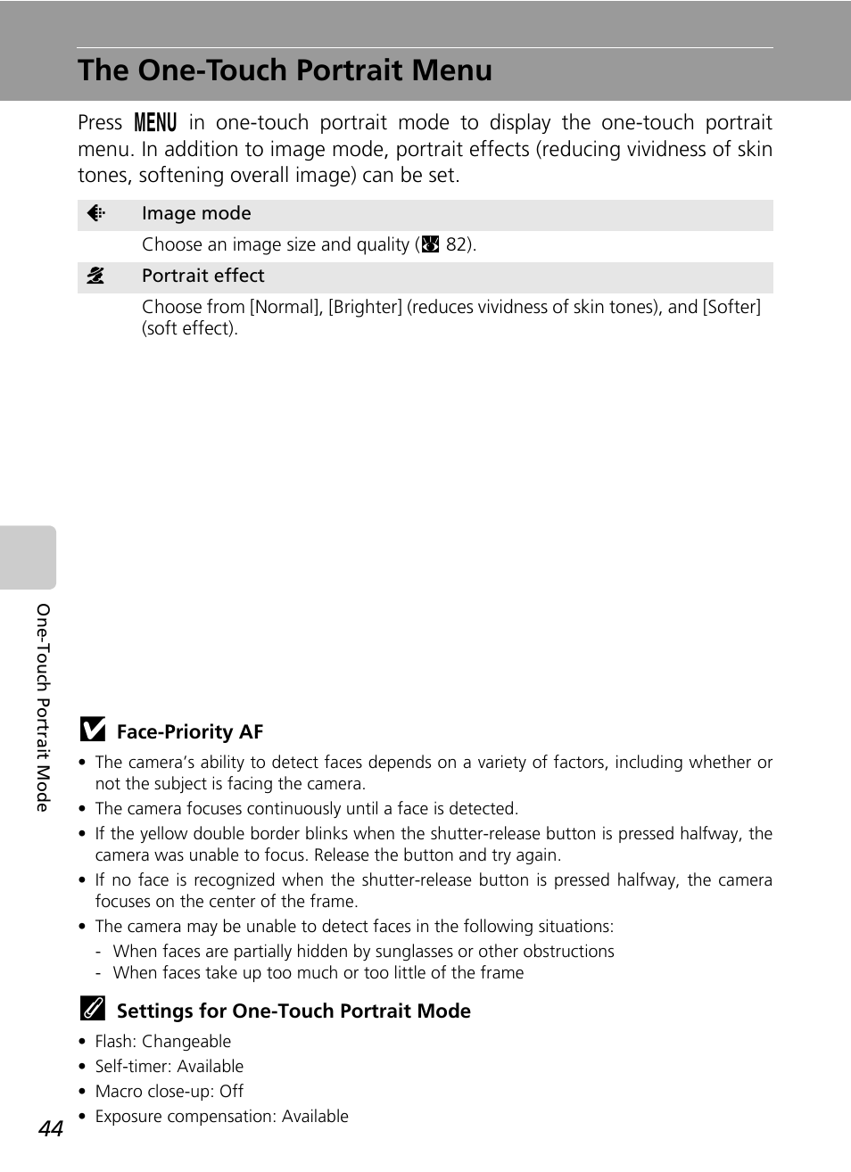 The one-touch portrait menu, C 44) | Nikon CoolPix S500 User Manual | Page 56 / 147