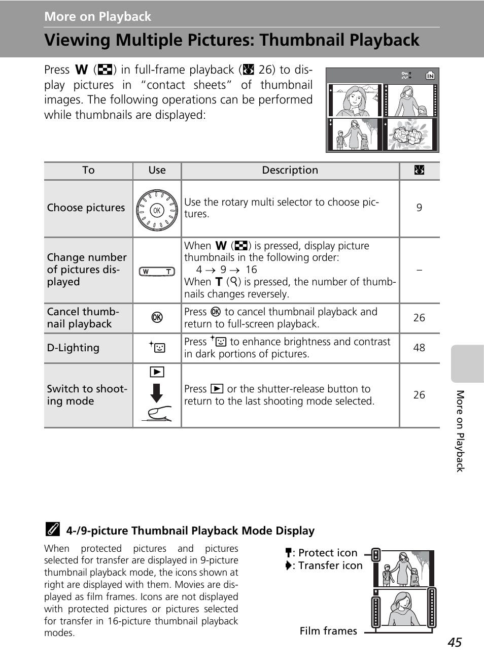 More on playback, Viewing multiple pictures: thumbnail playback, C 45 | Nikon CoolPix S500 User Manual | Page 57 / 147
